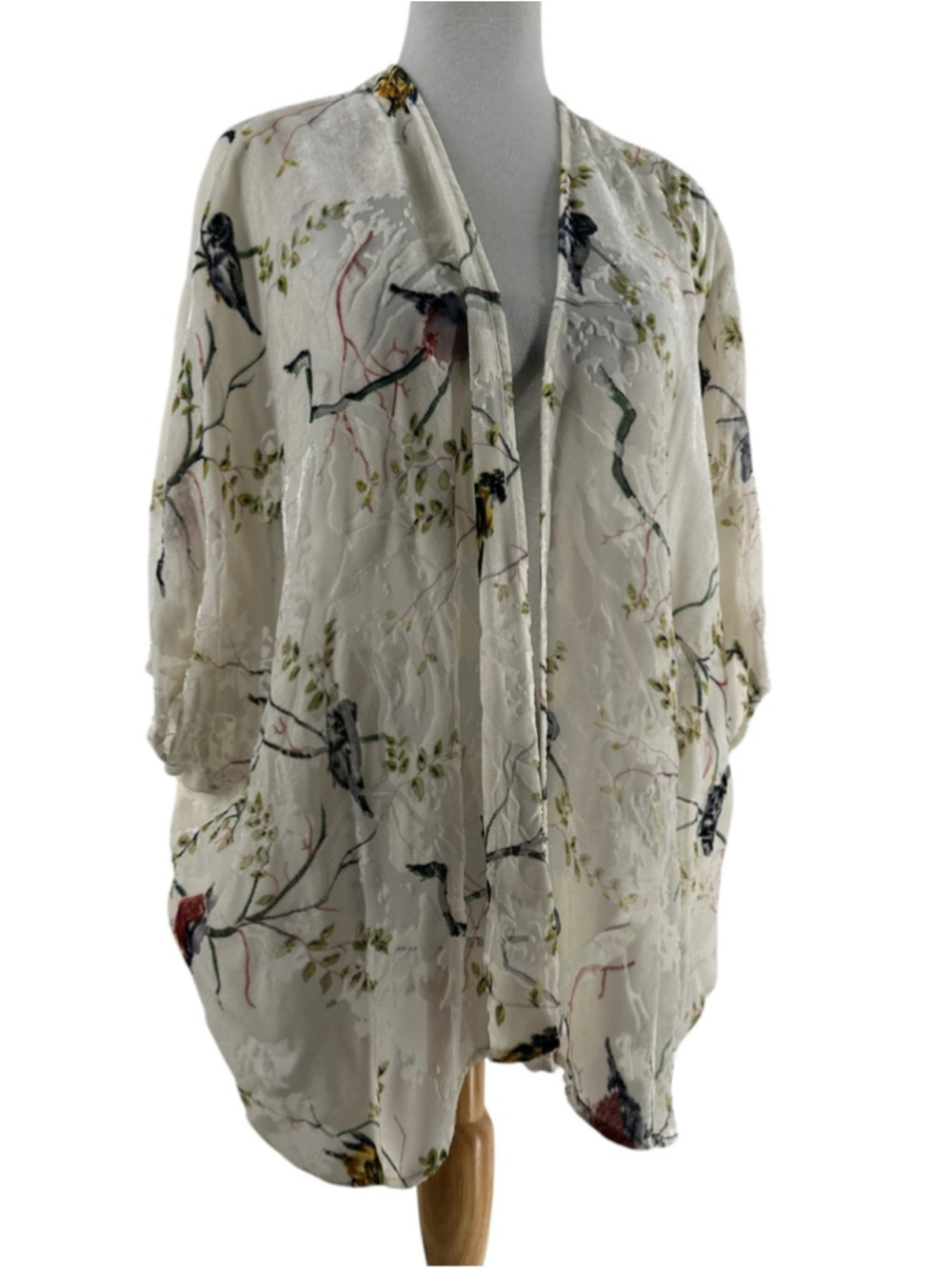 Forever 21 velvet burnout open front cardigan floral bird nature oversize sz sm